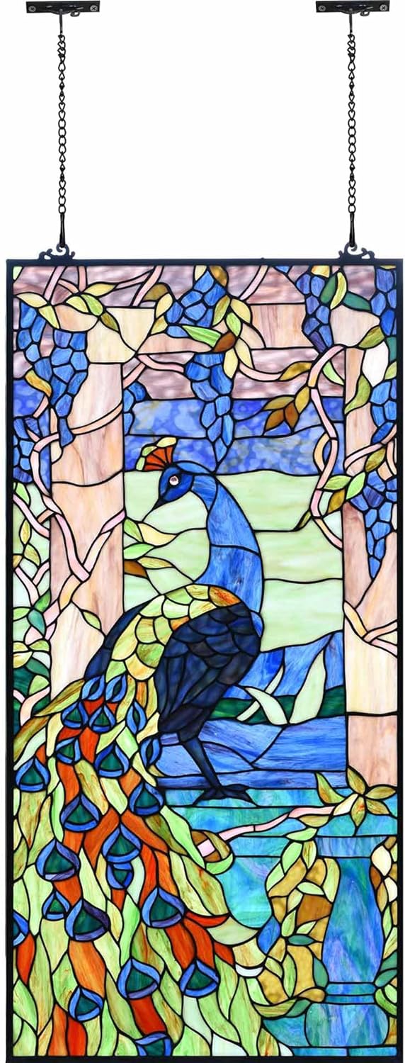Bieye W10096 Peacock in Garden Tiffany Style Stained Glass Window Panel for Home Decor (Blue, 19.5Wx40.5H Rectangular)