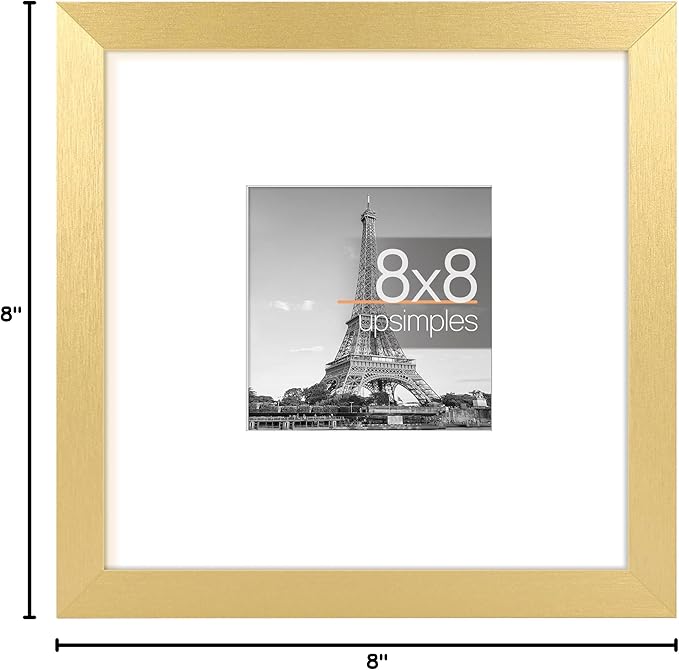 upsimples 8x8 Picture Frame, Display Pictures 4x4 with Mat or 8 x 8 Without, Wall Hanging Photo Frames, Gold, 1 Pack