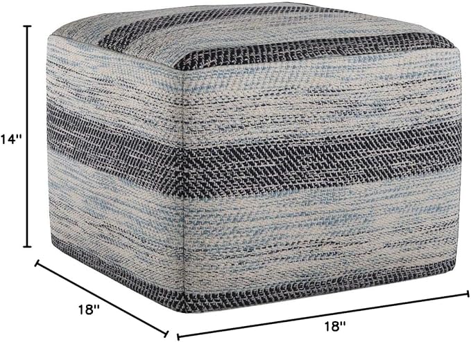 SIMPLIHOME Clay Square Pouf - 18 inch Wide Upholstered Cotton Ottoman in Dark Blue/Natural, Boho Footstool, Decorative Cube Pouf or Extra Seating for Living Room or Bedroom, Assembled