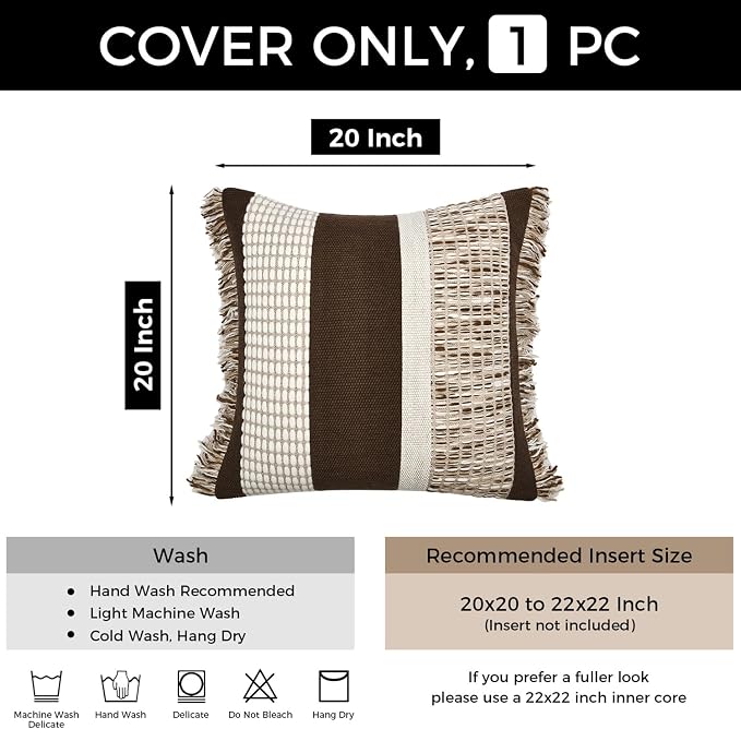 Dark Brown Boho Throw Pillow Cover 20x20 | Square Decorative Pillows Cushion Cases with Handmade Drawn Work Tassel for Couch Bed Sofa Living Room Decor