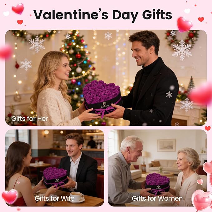 Valentines Day Flowers Roses Gifts for Her,28pcs Purple Forever Preserved Roses in Heart Shape Gift Box,Valentines Day Delivery Prime Gifts-Roses Gifts for Women,Mom.