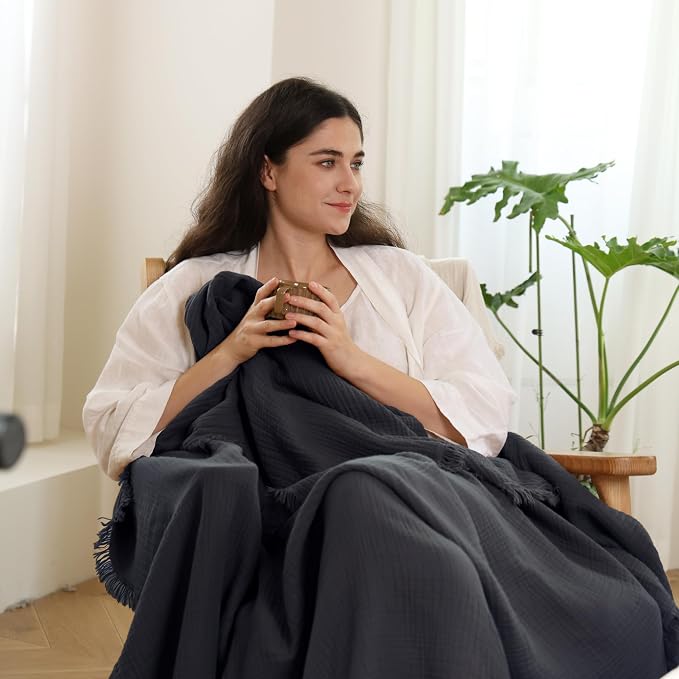 MooMee Muslin Blanket - 100% Cotton 4-Layer Gauze Throw Blanket with All-Around Fringe, Soft Breathable Lightweight Cooling Summer Blankets for Bed Couch (Dark Grey,Twin XL 66" x 90")