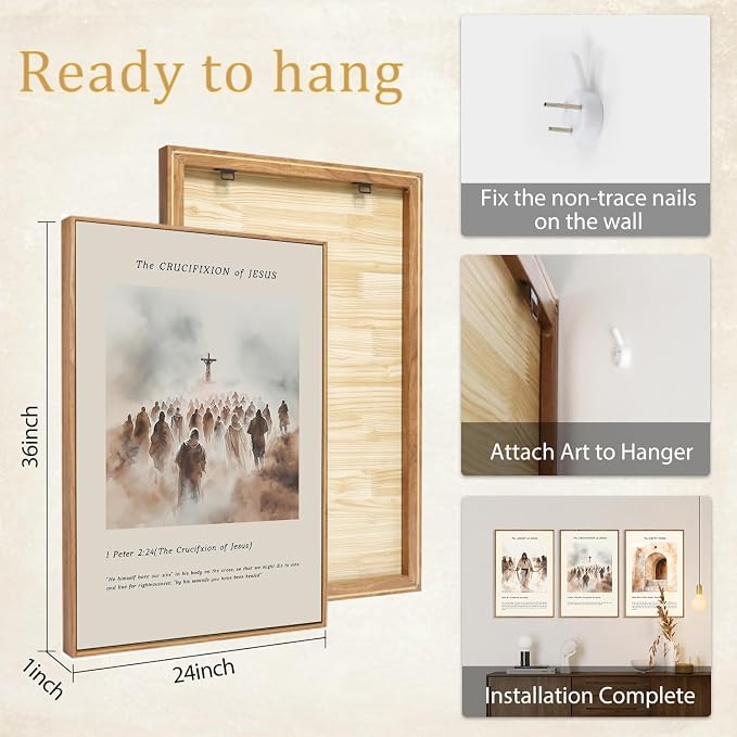 SIKERIC Christian Bible Verse Framed Canvas Wall Art Set, The Arrest of Jesus, The Crucifixion, Empty Tomb Wall Decor, Vintage Jesus Religious Art Print for Living Room, Church, Prayer Room-24"x36"x3