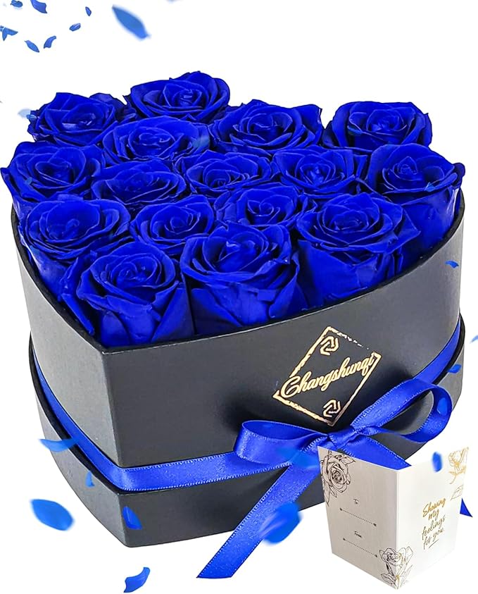 Changshunqi 16 Flowers Forever Preserved Roses in Box, Forever Flowers Womens Birthday Gifts for Women Mothers Blue Rose Gift for Her Romantic Eternal Real Rose for Women Mom Wife