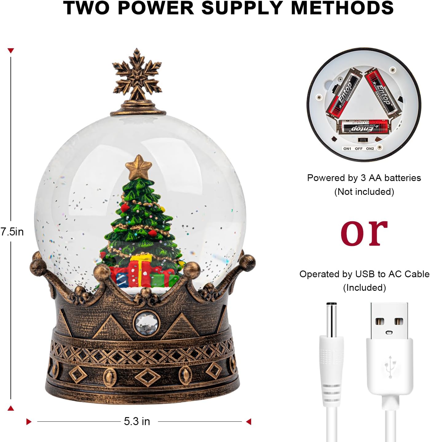 Christmas Snow Globe Lantern Water Glittering Christmas Tree Crown with Music, USB Lined/Battery Operated Lighted Lantern for Christmas Festival Decoration Gifts