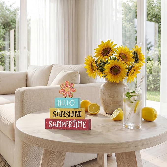 Smile 4 Pcs Summer Indoor Wooden Decor, Sunflowers Colorful Hello Sunshine Summer Tiered Tray Farmhouse Table Decoration for Home and Office