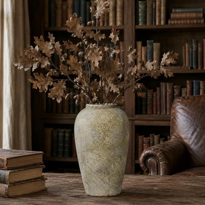 Ceramic Rustic Farmhouse Vase, 12 Inch Beige Flower Vases for Home Decor, Rustic Pottery Vase for Table Centerpieces & Living Room, Farmhouse Ceramic Vases for Entryway & Wedding Gifts