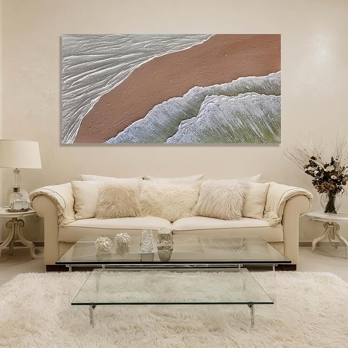 White Ocean Wave Wall Art Decor Neutral Art Beach Canvas Painting Green Pictures Wall Decor Framed Artwork for Living Room Home Office 24"x 48"