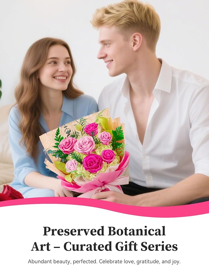 Flomoon Forever Flowers Gifts for Mom, Mothers Day Preserved Flowers Bouquet Birthday Gifts for Her, Preserved Roses for Grandma Wife Anniversary Valentines Day Christmas (7Roses, Hot Pink)