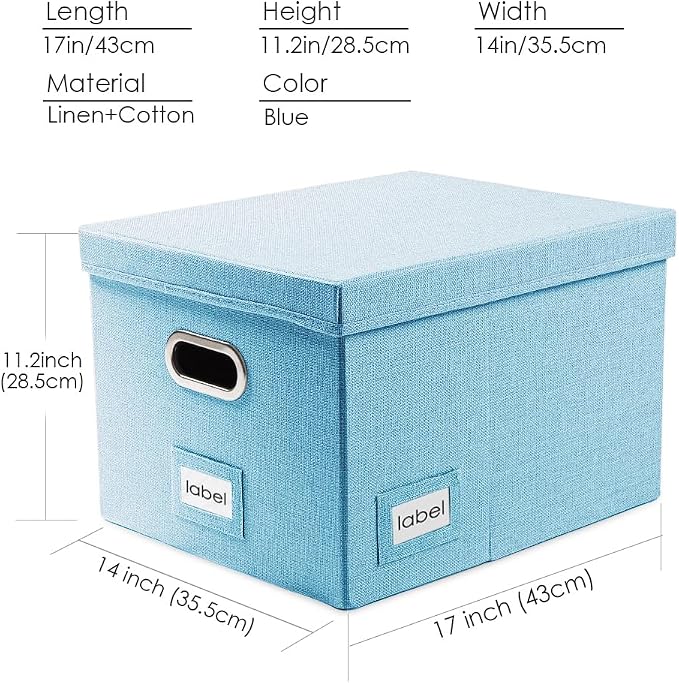PRANDOM File Organizer Box - Set of 4 Collapsible Decorative Linen Filing Storage Hanging File Folders with Lids Office Cabinet Letter/Legal Size Blue 17.1x14x11.1 inch