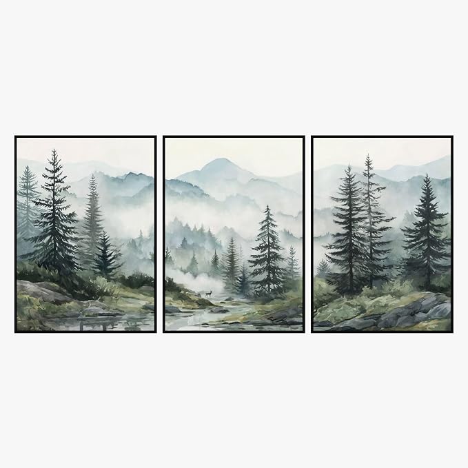 SAFERRYHOME Foggy Green Forest Wall Art, Misty Pine Tree Framed Canvas Wall Decor, Nature Landscape Painting Woodland Prints, Modern Mountain Artwork Picture for Living Room Bedroom Office, 20"x28"x3