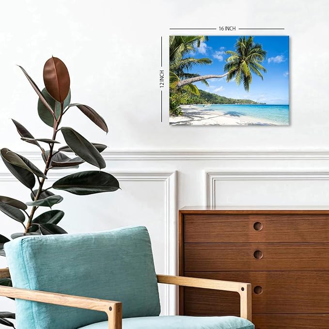 Beach Wall Art Palm Tree Ocean Bathroom Wall Decor Tropical Coconut Palms Natural Landscape Photography Picture Coastal Seascape Canvas Poster Photo Artwork Living Room Bedroom Wall Decoration 12x16in