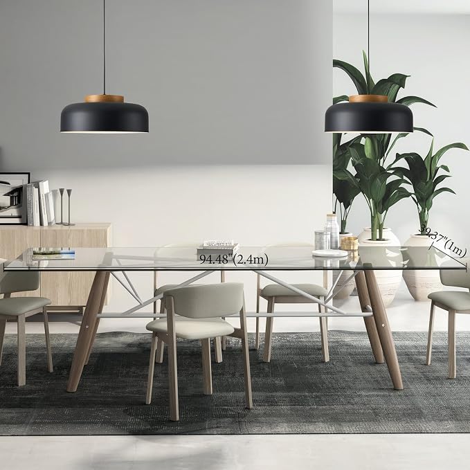 Modern Large Pendant Light Fixture, 17.7 inch,Natural Wood Cap, Matte Black Finish, Simple Pendant Lighting for Kitchen Island, Dining Room, Table