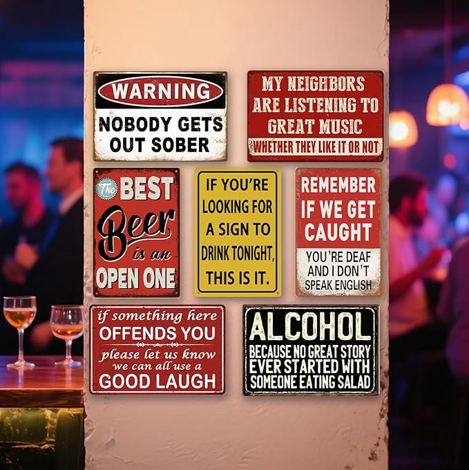 Funny Bar Signs for Home Bar Wall Decor - 7 Piece Set Vintage Garage Metal Signs, Man Cave Decor for Men, Personalized Basement Bar Accessories & Outdoor Decorations (8×12 Inch) - Housewarming Gifts