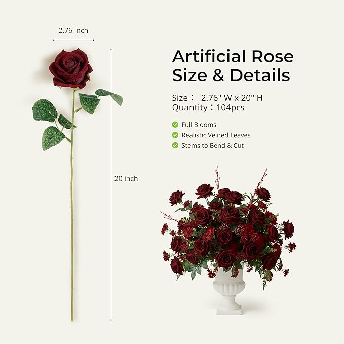 Auihiay 104PCS Burgundy Roses, Vivid Silk Velvet Artificial Roses, Lifelike Faux Roses for Bridal Bouquet, Home Decor, Valentine's Day, Wedding Centerpieces, Engagement Party