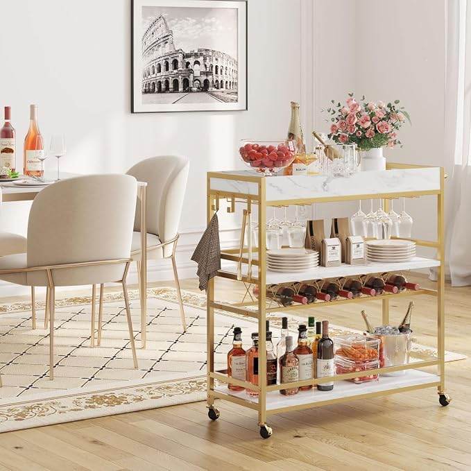BON AUGURE Bar Cart for The Home, Rolling Home Bar Serving Cart on Wheels, 3 Tier Mobile Liquor Beverage Carts with Wine Rack and Glass Holder (Gold & Marbleized White)