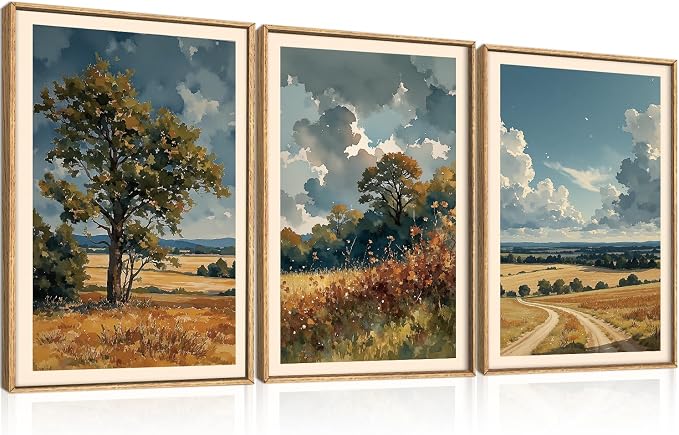 KAIRNE Nature Landscape Framed Canvas Wall Art Set,Watercolor Countryside Forest Wall Decor,Blue Green Scenery Art Prints,Rustic Wilderness Artwork for Living Room,Bedroom,Farmhouse,Office-24 x36 x3