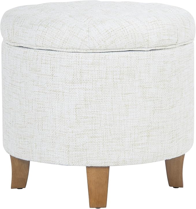 HomePop 19" Button Tufted Round Storage Ottoman - Cream Textured Solid