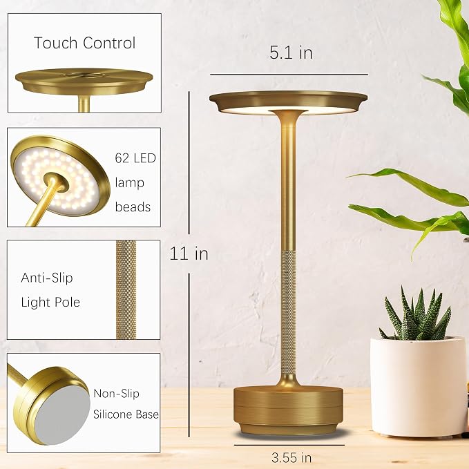 2 Pack Cordless Table Lamps Rechargeable, 5000mAh Portable LED Table Light, 3 Color Stepless Dimming Battery Powered Table Lamp, for Patio/Restaurant/Home/Outdoor.(Brushed Gold)