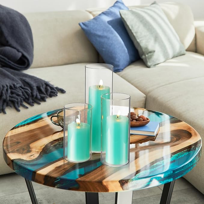 Shihanee Set of 3 Pillar Candles and 3 Glass Cylinder Candle Vases Holders Clear Pillar Jars for Wedding Centerpieces(2.6'' X 4.7'', 5.9'', 7.9'',Lake Blue)