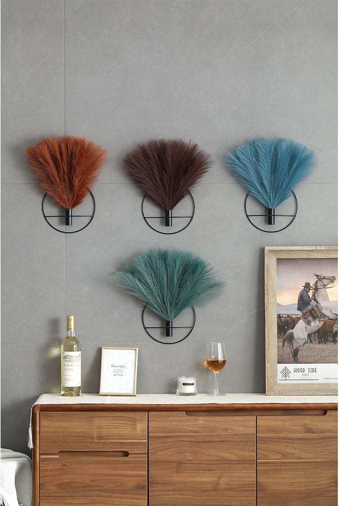 Pretty Jolly Boho Wall Decor - Mounted Metal Hanging Artificial Pampas Display, Art for Living Room, Bedroom, Bathroom, Dining Room - Plant Wall Decor 2 Pack