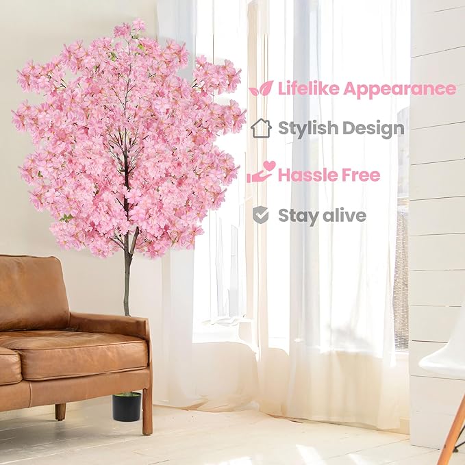 6Ft Tall Cherry Blossom Artificial Tree,Fake Pink Cherry Blossom Tree,Lifelike Decorative Plant in Pot for Indoor/Outdoor, Christmas, Garden,Home Office Dec