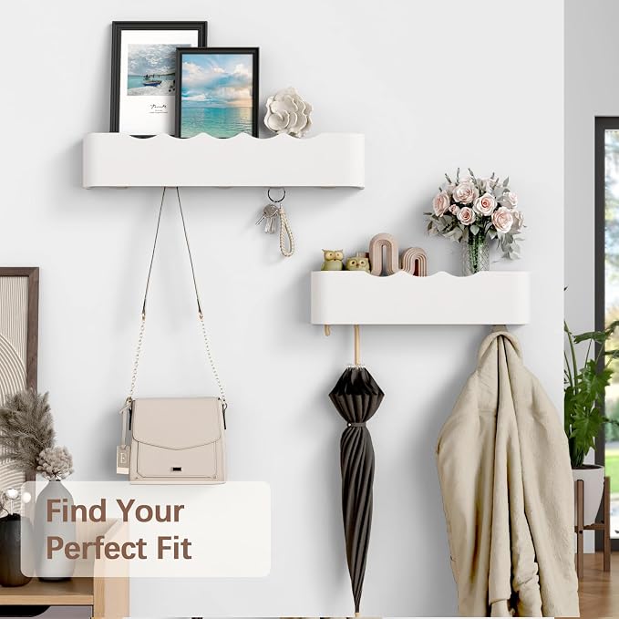 Coat Rack Wall Mount with Hidden Hooks, Wall Hooks with Shelf, Wall Key Holder Mount Wooden Shelf Entryway Hooks for Bedroom Bathroom for Hanging Coats Hats Bags Towels (White Wave-Shape, 5 Hooks)