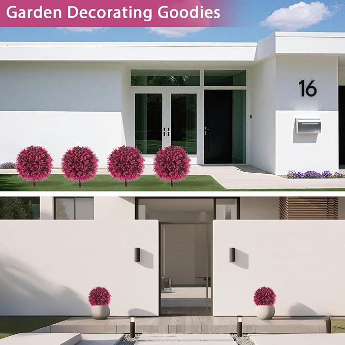Yangrass Artificial Pink Eucalyptus Topiary Ball Trees with Ground Spike, Set of 2 UV Resistant Artificial Shrubs, Fake Evergreen Artificial Plant Bushes for Indoor Outdoor Front Porch Garden