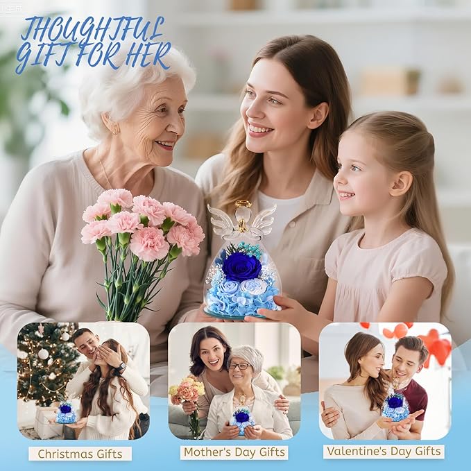 Bessol Gifts for Mom Birthday Flowers for Women Mothers Day Flowers for Delivery Preserved Roses Forever Flower in Glass Angel Figurines Fresh Eternal Rose for Grandma Wife Sister Daughter Friends