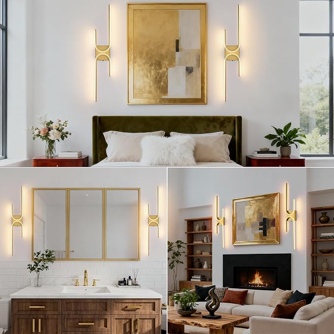 Battery Operated Wall Sconce with Remote Control, USB Rechargeable Wireless Wall Sconce Set of 2, LED Dimmable Wall lamp, 3 Color/Timer/Memory, Gold Wall lights for Bedroom Living Room, 31.5 inch