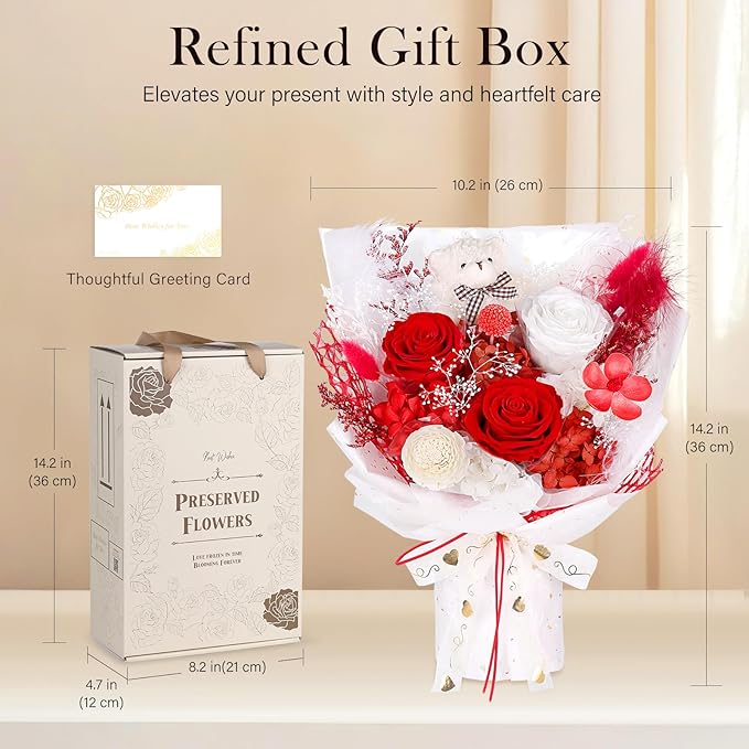 Preserved Flowers Bouquet with Bear, 3 Real Forever Flowers for Delivery, Long-Lasting Red Eteranl Roses Bouquet, Mothers Day Gifts for Mom Grandma, Anniversary Birthday Gifts for Women Girlfriend