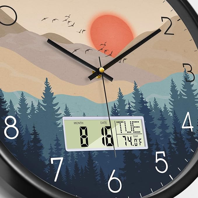 14 Inch Wilderness Sunset Wall Clock, Silent Non-Ticking Battery Operated Analog Clock with LCD Date, Day & Temperature Display, Modern Wall Clock for Living Room, Home Office, Bedroom, Farmhouse