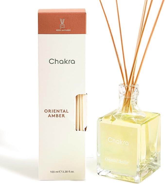 Chakra Reed Diffuser Set - Reed Diffusers for Home, Office and Living Spaces with Long-Lasting Fragrance, Scent Diffuser with Decorative Glass Bottle & Bamboo Sticks, 3.3 fl oz, Oriental Amber
