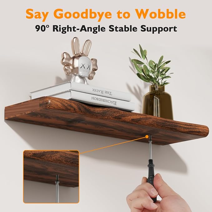 Solid Wood Live Edge Floating Shelves Set of 2 – 24" Rustic Wall Shelf with Hidden Bracket System, Wall Mounted Shelves for Bathroom, Kitchen, Living Room, Bedroom (Classic Walnut)