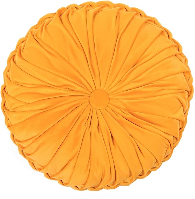 Lush Decor Round Pleated Soft Velvet Decorative Throw Pillow, 1 Count, 15" Diameter, Yellow - Plush Round Pillow, Seat Cushion, Decorative Pillows For Bed, Couch, Or Chair