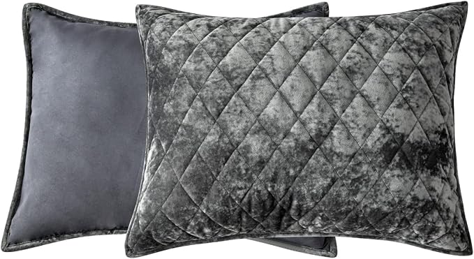 Fredsure Distressed Velvet Quilt Set, 3 Pieces Grey Queen, Distressed Velvet Face and Brushed Microfiber Reverse, with Diamond Quilting