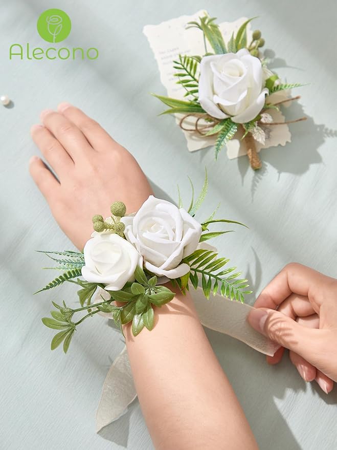 Alecono White Corsage and Boutonniere Set, Rose Bride Wrist Corsage and Groom Boutonniere for Wedding Prom Flower Accessories Suit Decorations