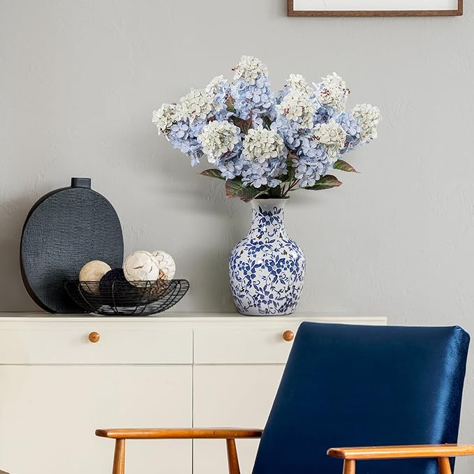 Ttranewsoo Hydrangea Artificial Flowers,Fall Hydrangeas Artificial Flowers,Blue Fake Fall Dried Hydrangea Flowers Decoration,Faux Silk Flower with Stems Winter Decor(Blue 24" 8pcs) Without Vase