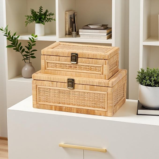 Rattan Box with Lid Decorative Natural Handmade Boho Rattan Baskets Woven Wicker Cane Bins Keepsake Memory Jewelry Boxes Rectangular Desk Shelf Closet Organizer Container (Large Size)