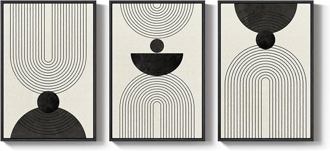 Framed Black and White Abstract Wall Art for Living Room, 3 Piece Modern Geometric Minimalist Canvas Artwork for Walls, Large Boho Neutral Prints Wall Decor for Bedroom Home Office Hallway, 24x36 Inch