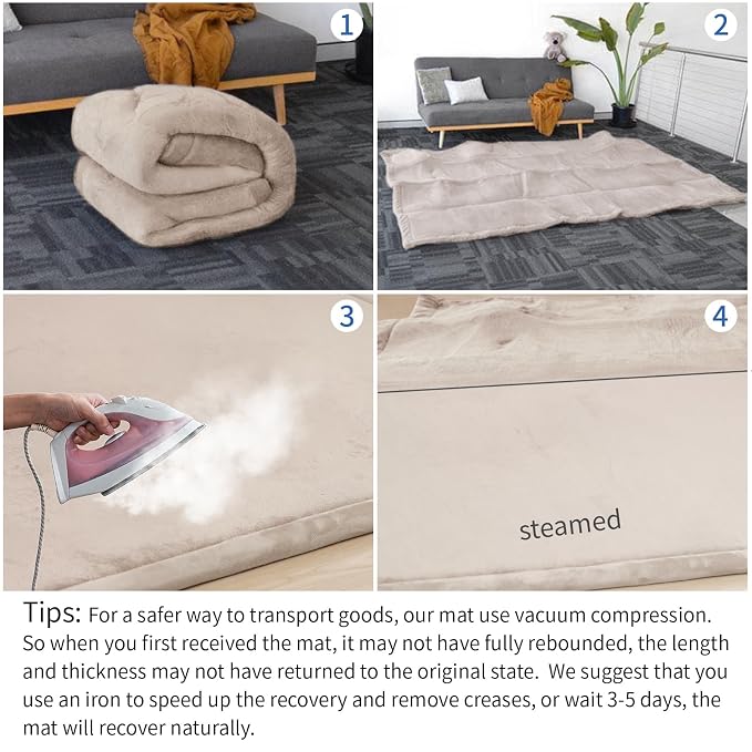 Huloo Sleep Ultra Soft Baby Play Mat for Floor, 1.3" Thick Elasti-Foam 59x59 Play Mat for Playpen,Water-Repellent Coral Velvet for Tummy Time, Non-Slip Backing,Safe for Toddlers & Infants(Beige)