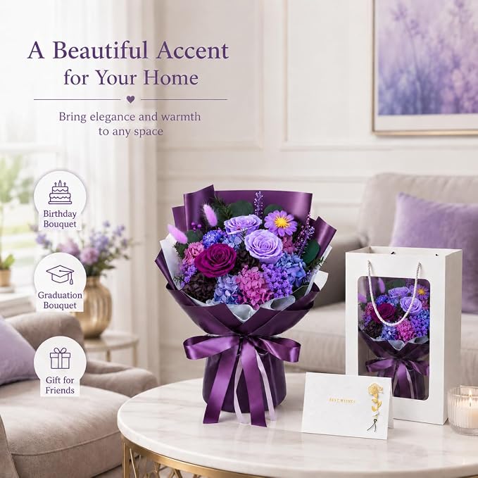 Preserved Purple Rose Bouquet, 100% Real Flowers for Women Mother Wife, Long-Lasting Eternal Roses with Gift Box, Forever Flowers for Anniversary Birthday Mother's Day, Lasts 3-5 Years