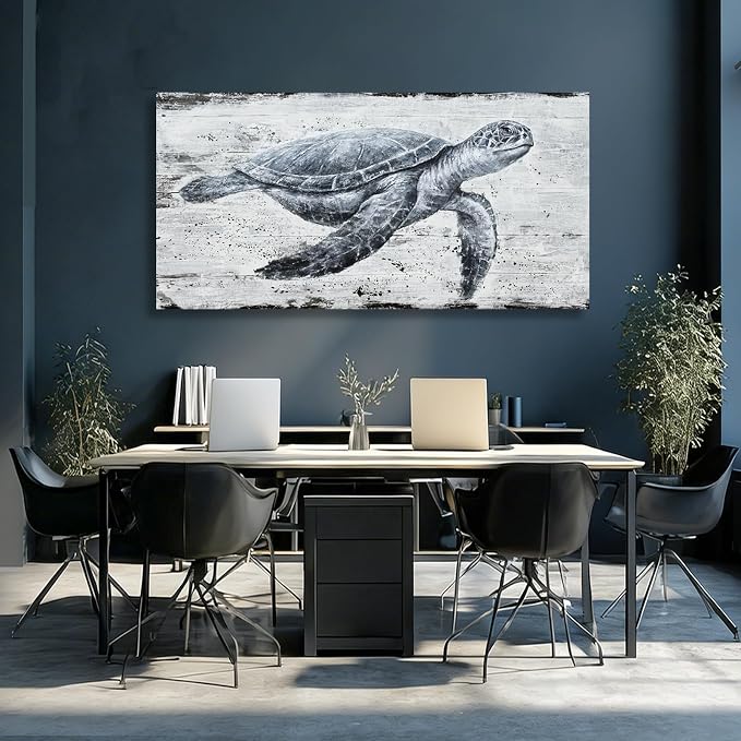 Hue7Art Marine Life Turtle Wall Art Canvas Ocean Wildlife Illustration, Retro Coastal Style Painting for Living Room Bedroom Bathroom Seaside Wall Decoration 29x58 Inch