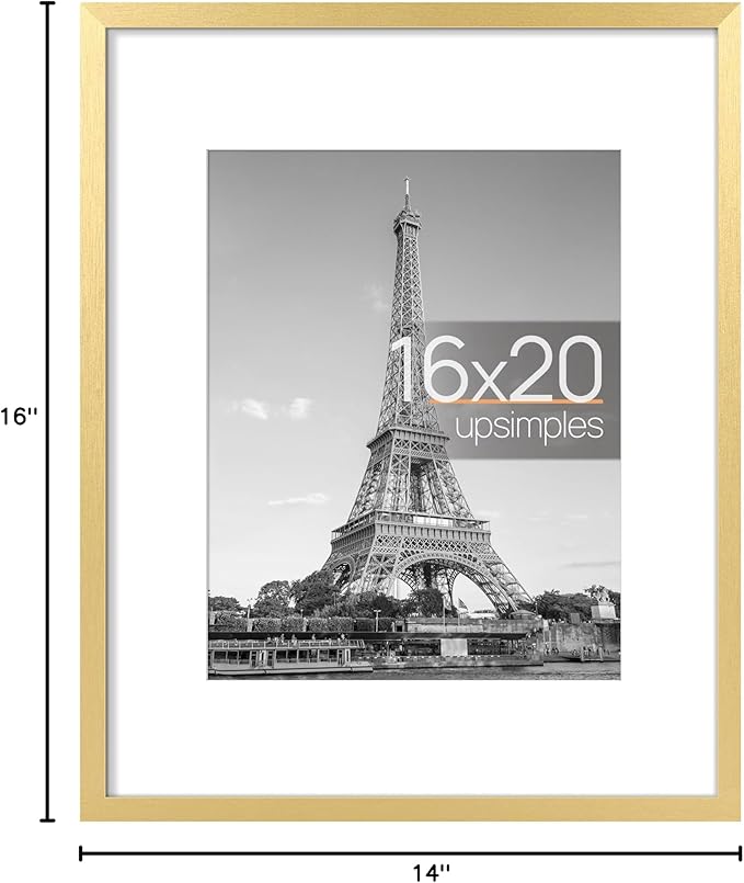 upsimples 16x20 Picture Frame, Display Pictures 11x14 with Mat or 16 x 20 Without, Wall Hanging Poster Frame, Gold, 1 Pack
