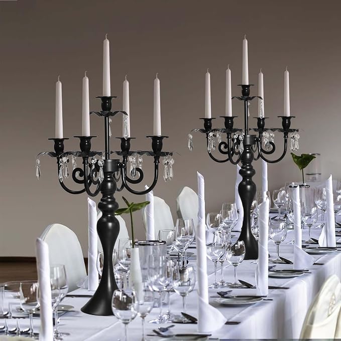 20''Tall Black Crystal Pendant Taper Candle Holders/Stylish Candle Stands/Candlesticks Holder/Candelabra for Home Decor, Weddings/Parties/Elegant Dining Table Centerpiece (2, Black)