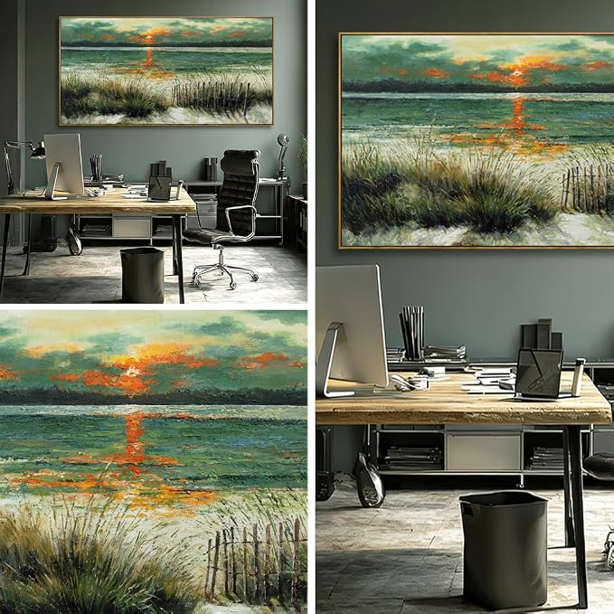 Large Abstract Green Framed Canvas Wall Art,Neutral Sunrise Beach Sea Ocean Pictures,Modern Minimalist Artwork for Living Room,Bedroom,Dining Room,Office-29 x58