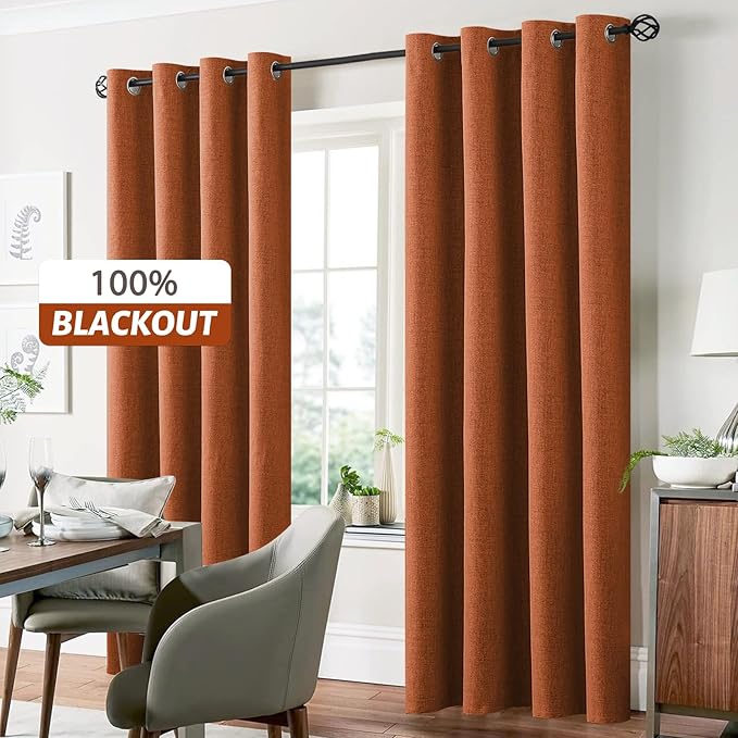 Yakamok Burnt Orange Linen Curtains 100% Blackout 96 Inches Long,Room Darkening Textured Curtains for Living Room Thermal Grommet Bedroom Curtains 2 Panels with White Liner