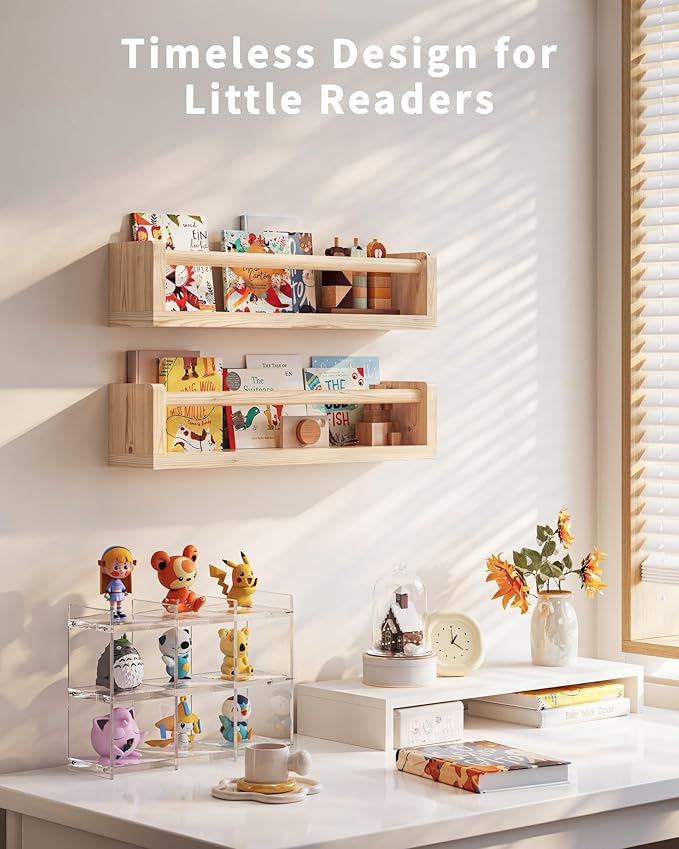 Seocry Nursery Book Shelves, 4 Pack, Wall Book Shelves for Kids Room, Baby, Toddler, Nursery Decor (Wood, 16.5 Inches)