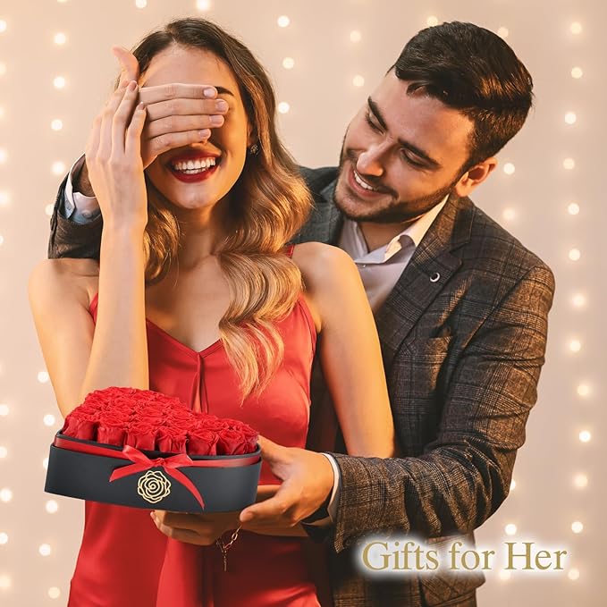 HERBMOTG 27 Forever Real Roses in Heart-Shaped Box with a Curved Design, Grade A Quality-Preserved Roses for Birthday, Mothers Day & Valentines Day (Red)