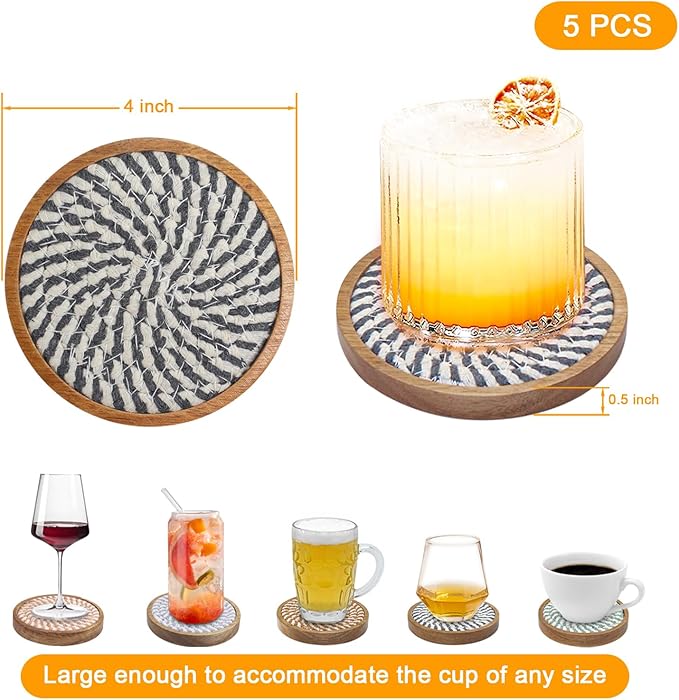 Eykao Coasters for Drinks Absorbent Sets of 5, Woven Coasters with Holder, Housewarming Gift for Farmhouse Home Decor, 4 inches (Colorful Series)